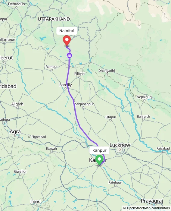 Route map showing distance and travel time from Kanpur, India to Nainital, India