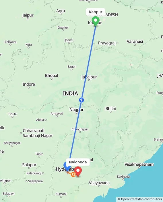 Route map showing distance and travel time from Kanpur, India to Nalgonda, India