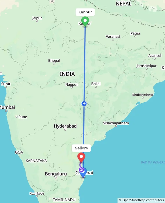 Route map showing distance and travel time from Kanpur, India to Nellore, India