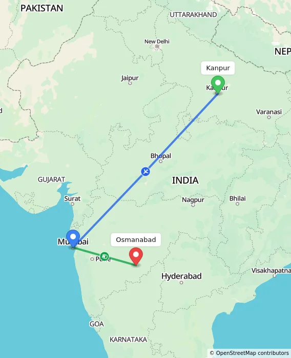 Route map showing distance and travel time from Kanpur, India to Osmanabad, India