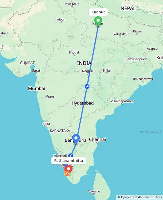 Route map showing distance and travel time from Kanpur, India to Pathanamthitta, India