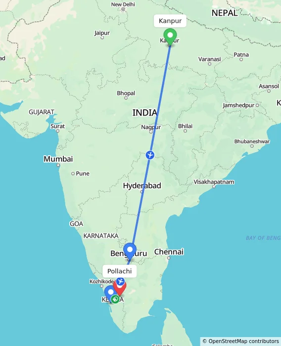Route map showing distance and travel time from Kanpur, India to Pollachi, India