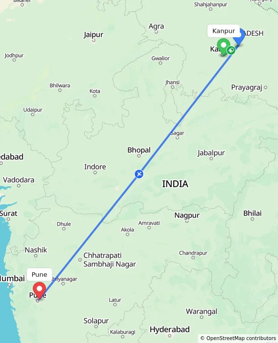 Route map showing distance and travel time from Kanpur, India to Pune, India