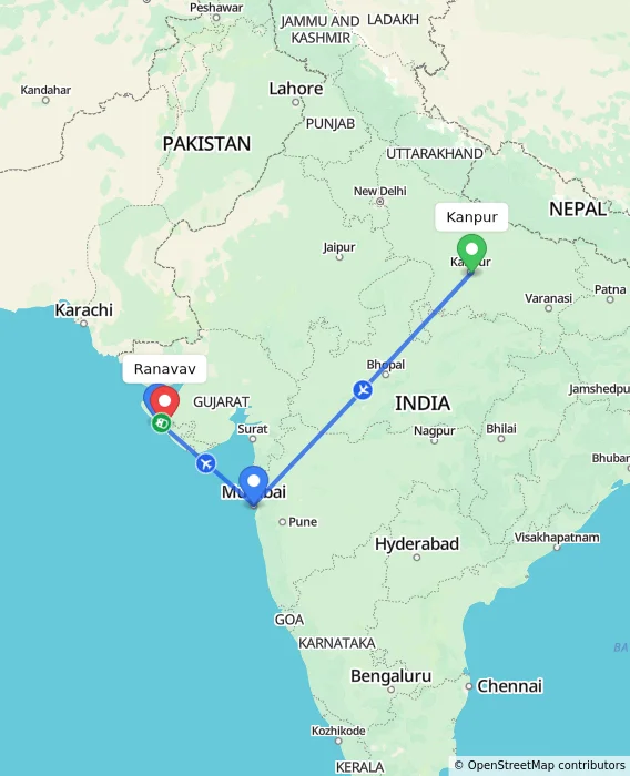 Route map showing distance and travel time from Kanpur, India to Ranavav, India