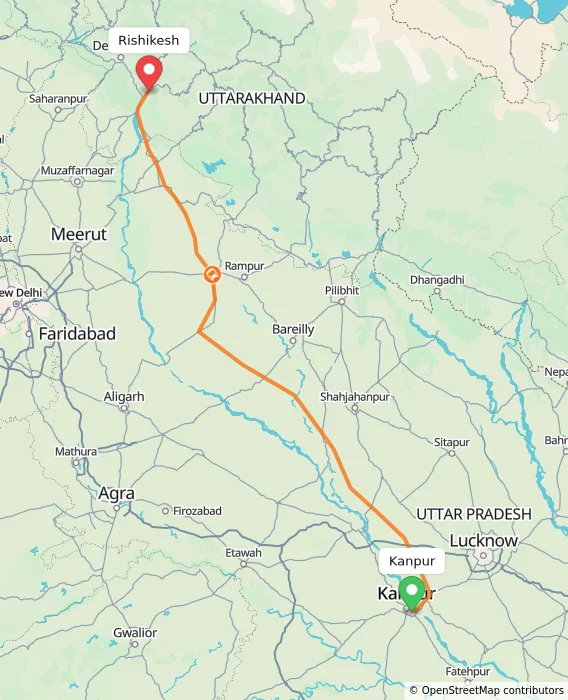 Route map showing distance and travel time from Kanpur, India to Rishikesh, India