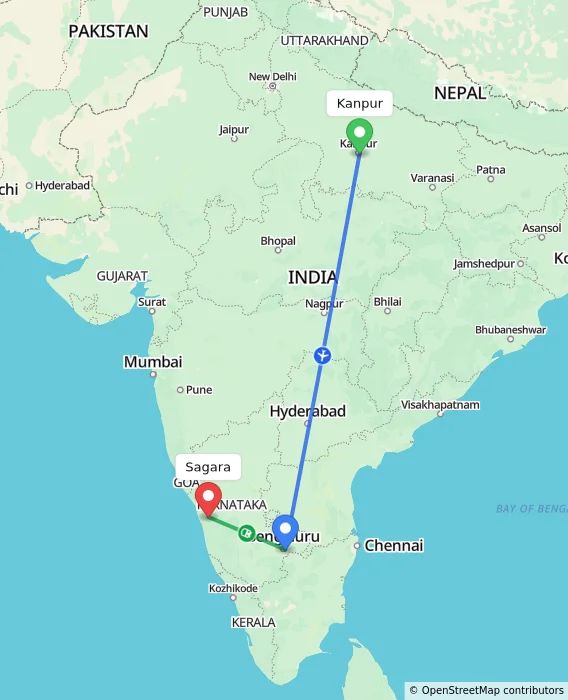 Route map showing distance and travel time from Kanpur, India to Sagara, India