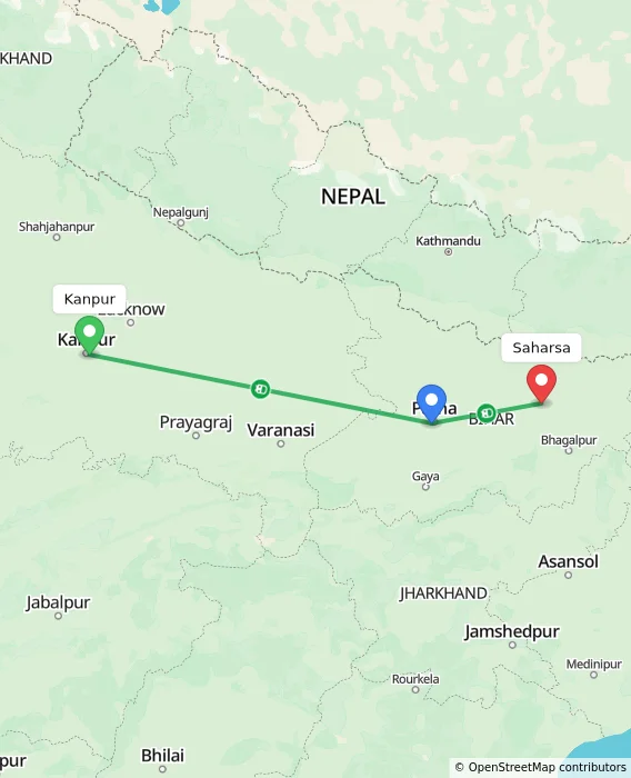 Route map showing distance and travel time from Kanpur, India to Saharsa, India