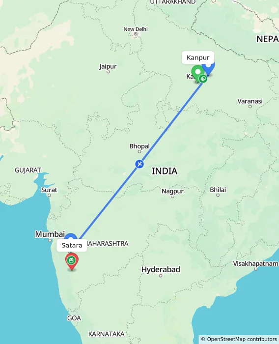 Route map showing distance and travel time from Kanpur, India to Satara, India