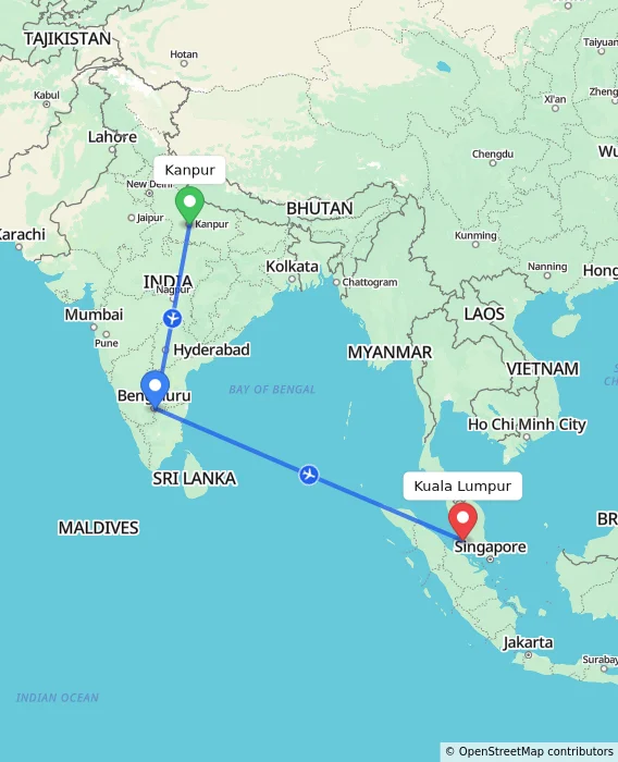 Route map showing distance and travel time from Kanpur, India to Sepang, Malaysia