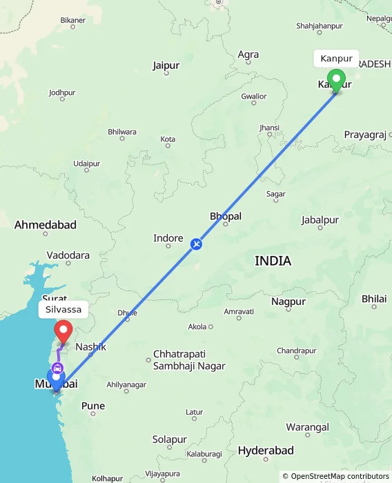 Route map showing distance and travel time from Kanpur, India to Silvassa, India