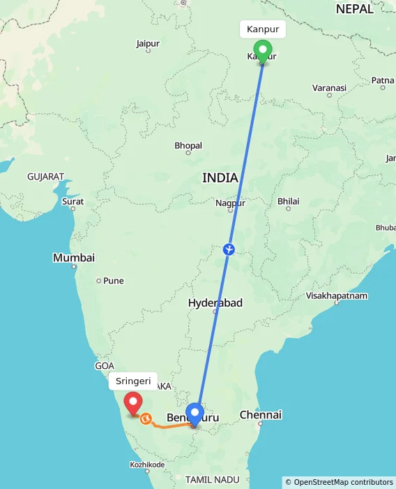 Route map showing distance and travel time from Kanpur, India to Sringeri, India