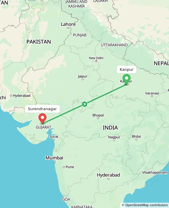 Route map showing distance and travel time from Kanpur, India to Surendranagar, India