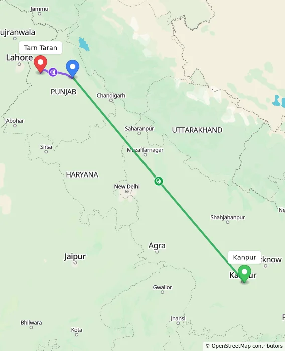 Route map showing distance and travel time from Kanpur, India to Tarn Taran, India