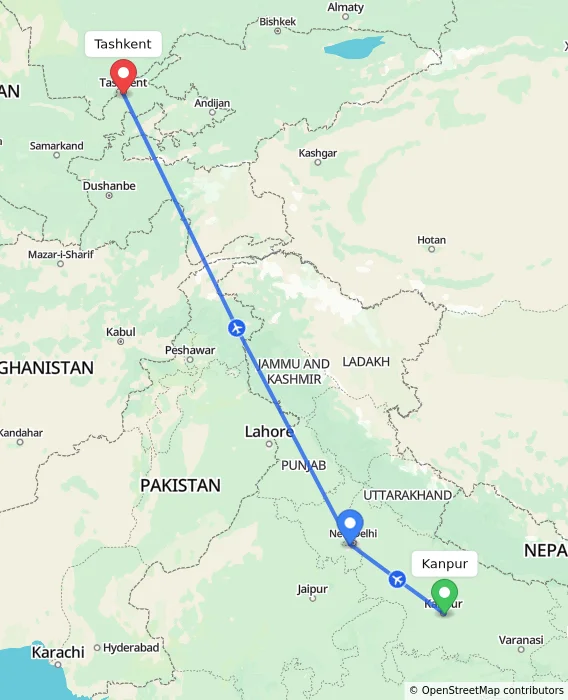 Route map showing distance and travel time from Kanpur, India to Tashkent, Uzbekistan