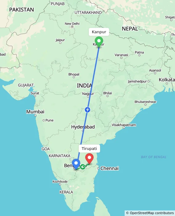 Route map showing distance and travel time from Kanpur, India to Tirupati, India