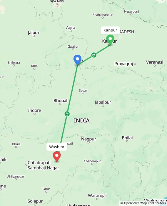 Route map showing distance and travel time from Kanpur, India to Washim, India