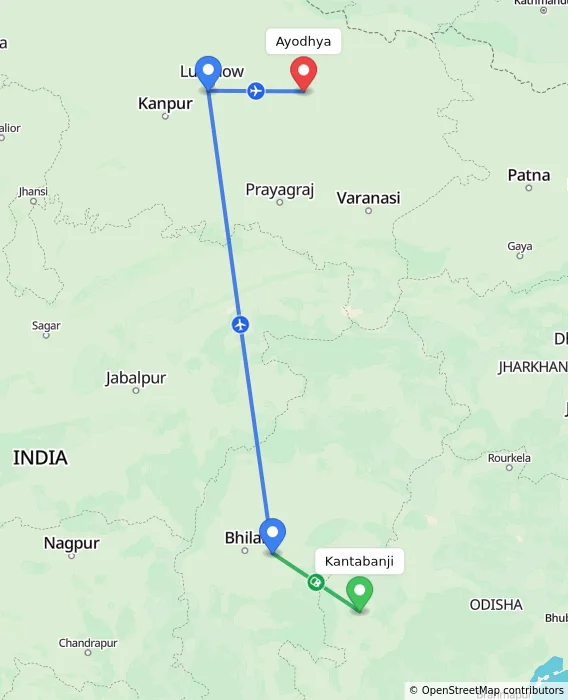 Route map showing distance and travel time from Kantabanji, India to Ayodhya, India