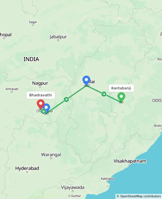 Route map showing distance and travel time from Kantabanji, India to Bhadravathi, India
