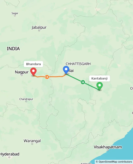 Route map showing distance and travel time from Kantabanji, India to Bhandara, India