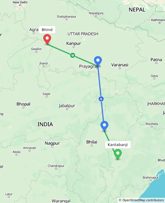 Route map showing distance and travel time from Kantabanji, India to Bhind, India