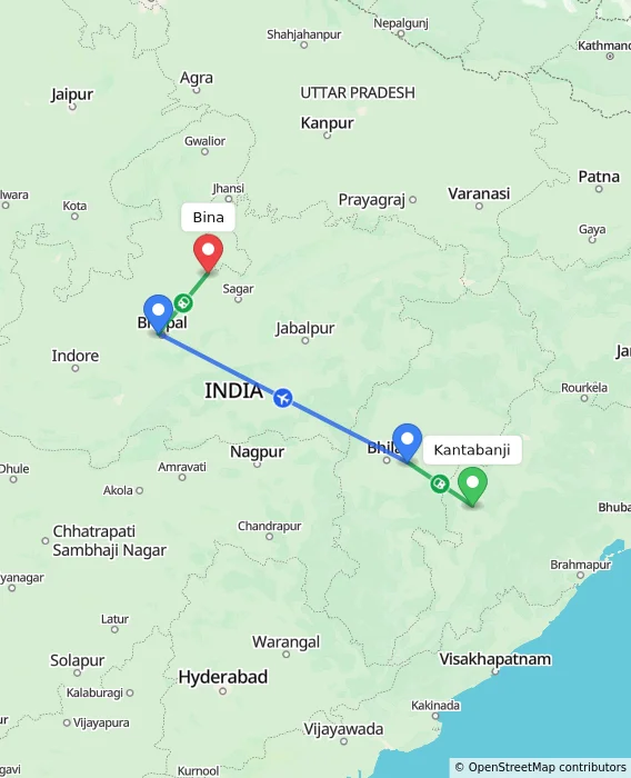 Route map showing distance and travel time from Kantabanji, India to Bina, India
