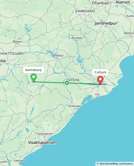 Route map showing distance and travel time from Kantabanji, India to Cuttack, India