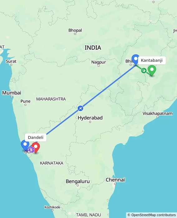 Route map showing distance and travel time from Kantabanji, India to Dandeli, India