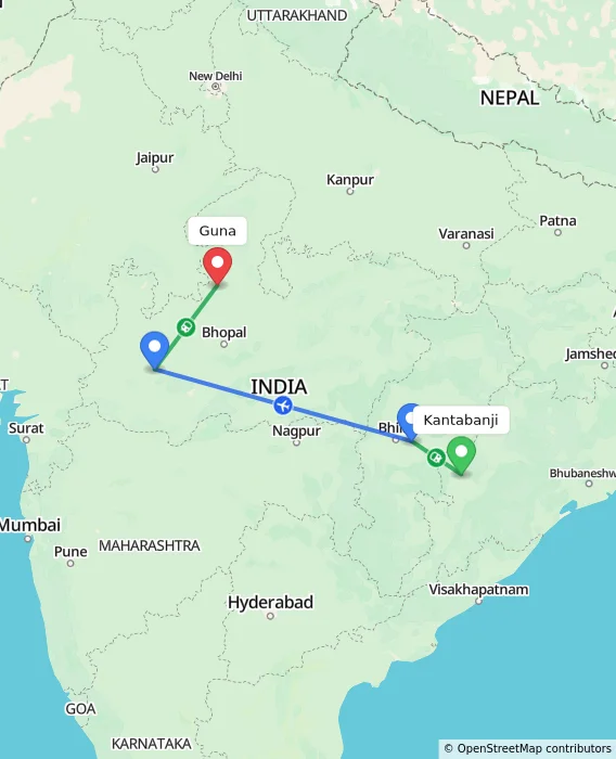 Route map showing distance and travel time from Kantabanji, India to Guna, India