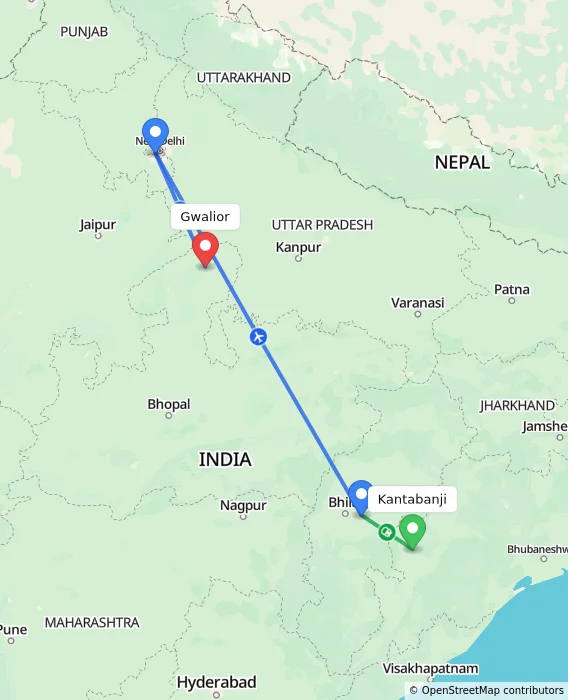 Route map showing distance and travel time from Kantabanji, India to Gwalior, India