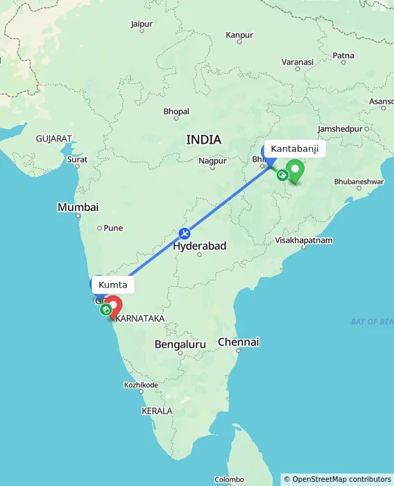 Route map showing distance and travel time from Kantabanji, India to Kumta, India