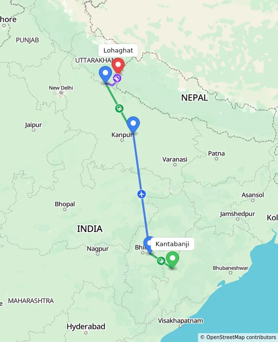 Route map showing distance and travel time from Kantabanji, India to Lohaghat, India