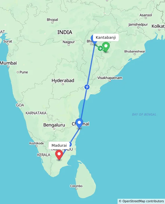 Route map showing distance and travel time from Kantabanji, India to Madurai, India