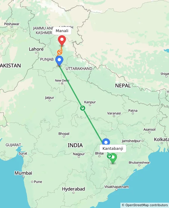 Route map showing distance and travel time from Kantabanji, India to Manali, India