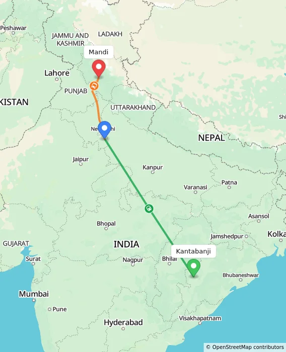 Route map showing distance and travel time from Kantabanji, India to Mandi, India