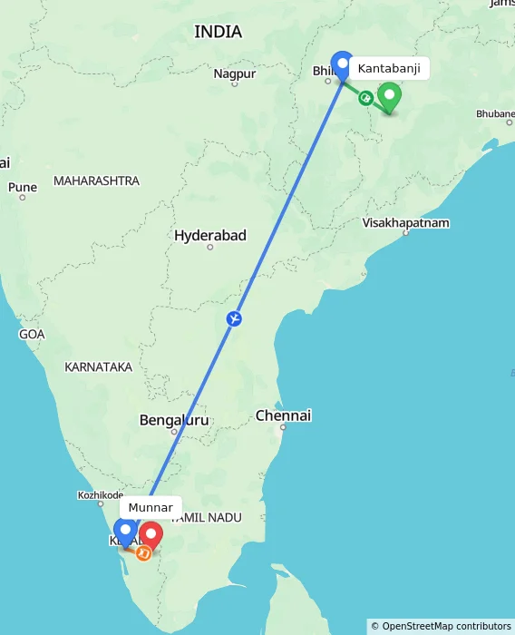 Route map showing distance and travel time from Kantabanji, India to Munnar, India