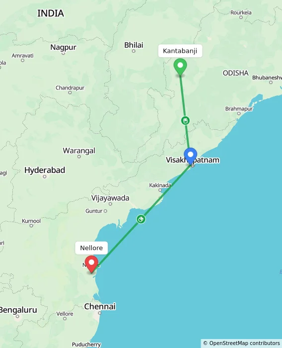 Route map showing distance and travel time from Kantabanji, India to Nellore, India