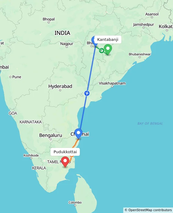 Route map showing distance and travel time from Kantabanji, India to Pudukkottai, India