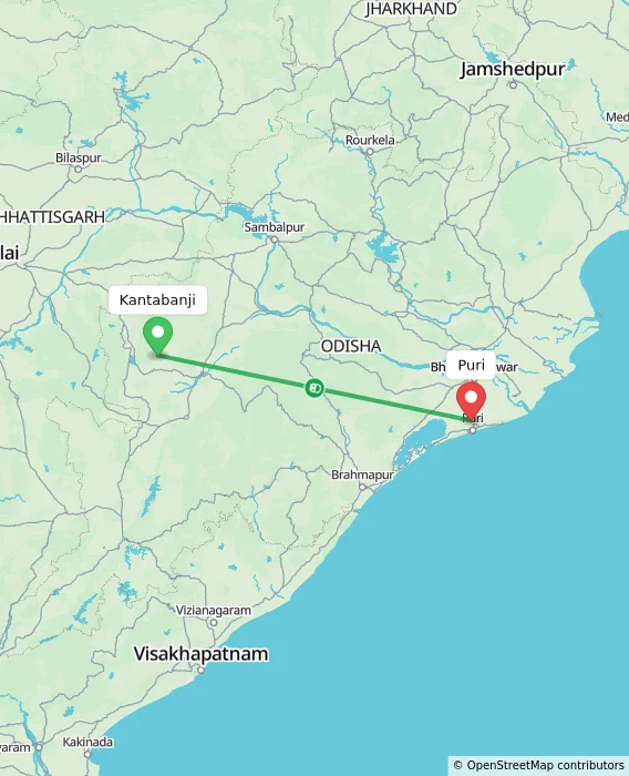 Route map showing distance and travel time from Kantabanji, India to Puri, India