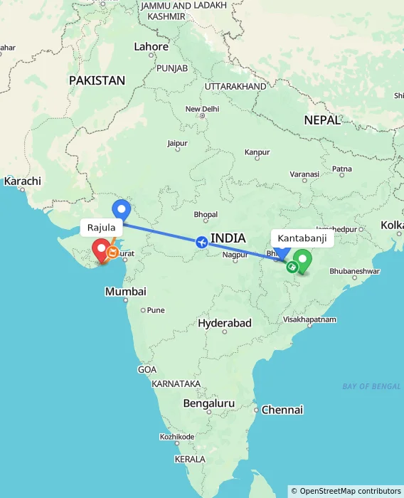 Route map showing distance and travel time from Kantabanji, India to Rajula, India