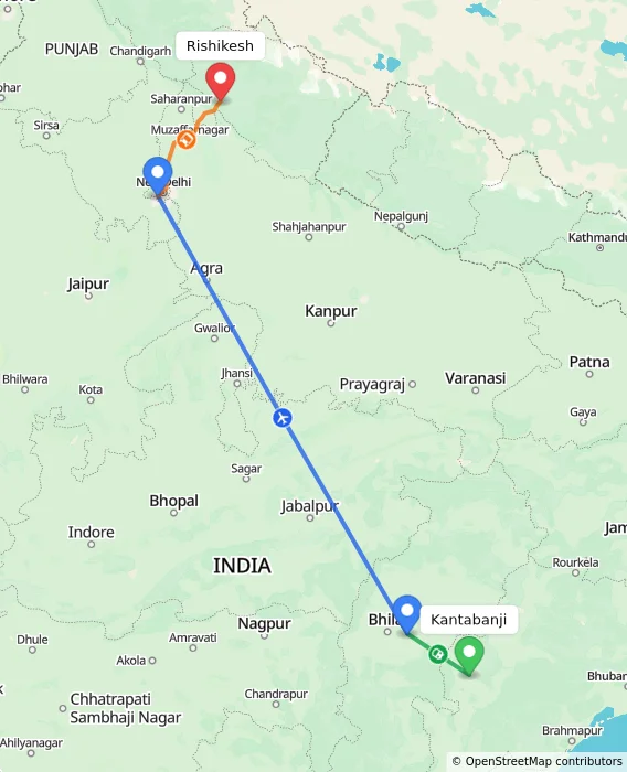 Route map showing distance and travel time from Kantabanji, India to Rishikesh, India