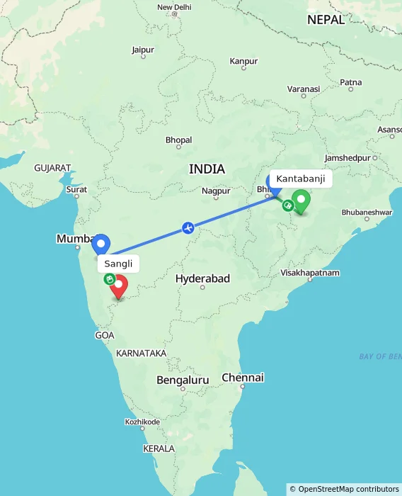 Route map showing distance and travel time from Kantabanji, India to Sangli, India