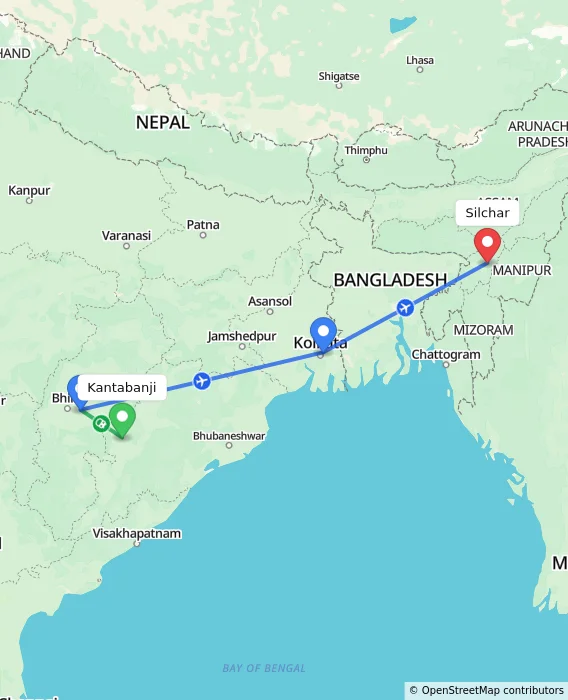 Route map showing distance and travel time from Kantabanji, India to Silchar, India