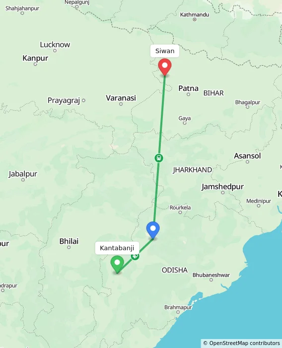 Route map showing distance and travel time from Kantabanji, India to Siwan, India