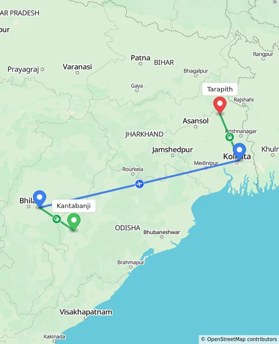 Route map showing distance and travel time from Kantabanji, India to Tarapith, India