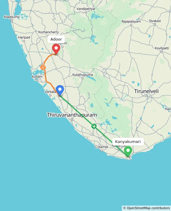 Route map showing distance and travel time from Kanyakumari, India to Adoor, India