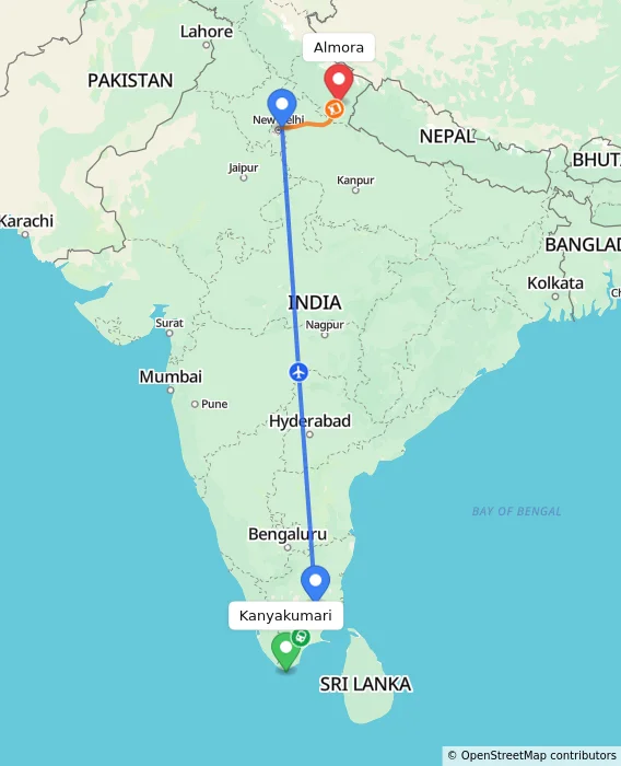 Route map showing distance and travel time from Kanyakumari, India to Almora, India