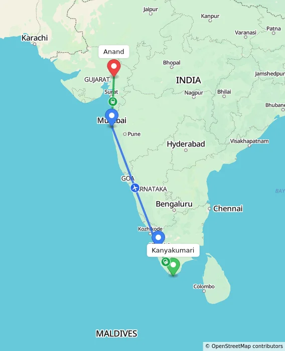 Route map showing distance and travel time from Kanyakumari, India to Anand, India