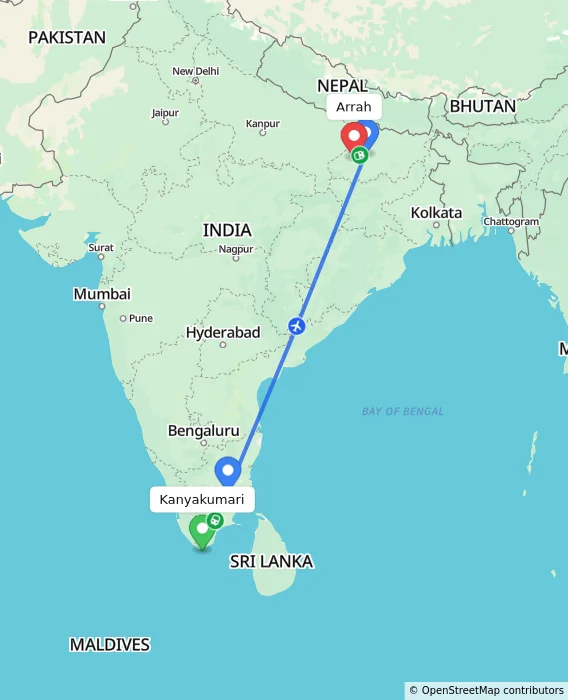 Route map showing distance and travel time from Kanyakumari, India to Arrah, India