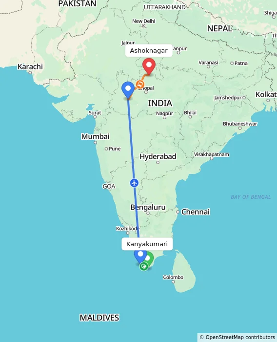 Route map showing distance and travel time from Kanyakumari, India to Ashoknagar, India