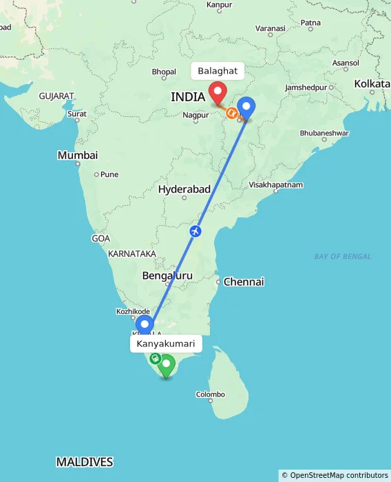 Route map showing distance and travel time from Kanyakumari, India to Balaghat, India